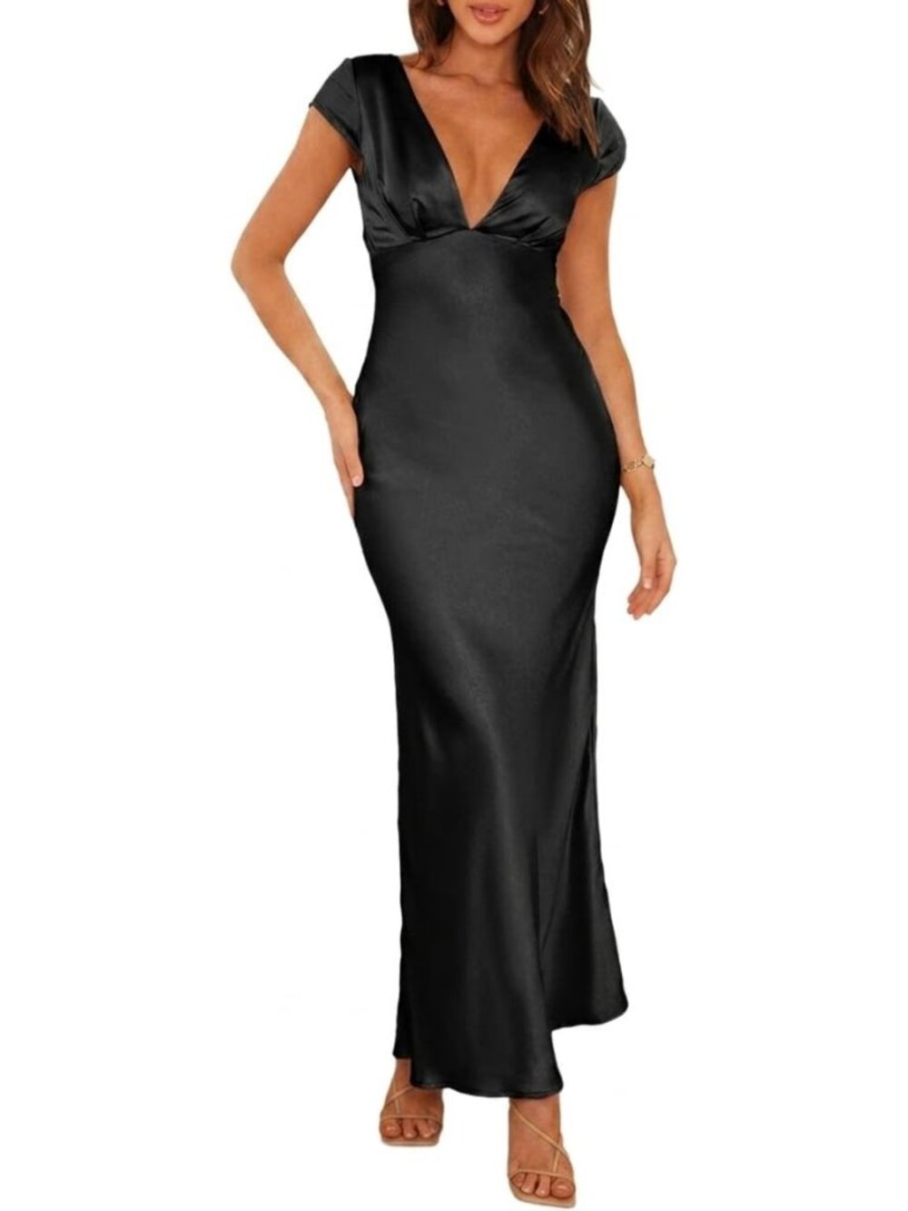 Women's Black Summer Satin V Neck Cap Sleeve Backless Wedding Guest Midi Dresses